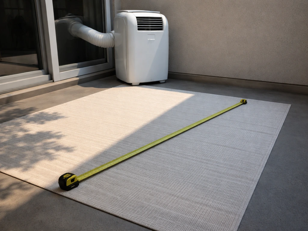 Tape measure laid across a patio rug near a portable AC unit in mixed sun and shade