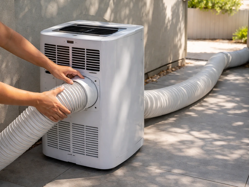 Portable patio AC unit in shade with exhaust hose routed away from the patio