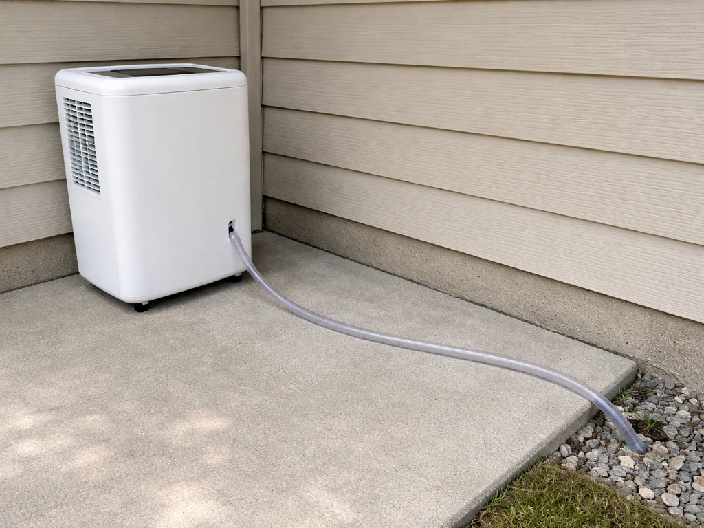 Portable unit on a patio with a clear drain hose sloping downward to an exterior exit point.