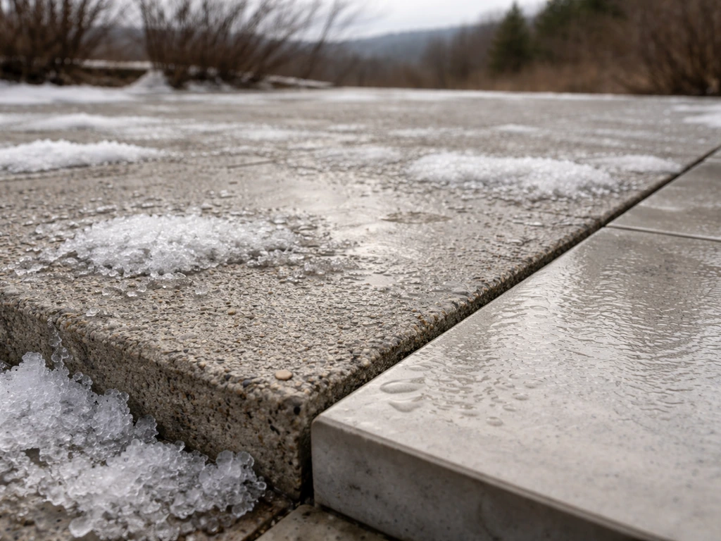 Patio stone and concrete slab with visible frost and melting ice in a freeze-thaw landscape