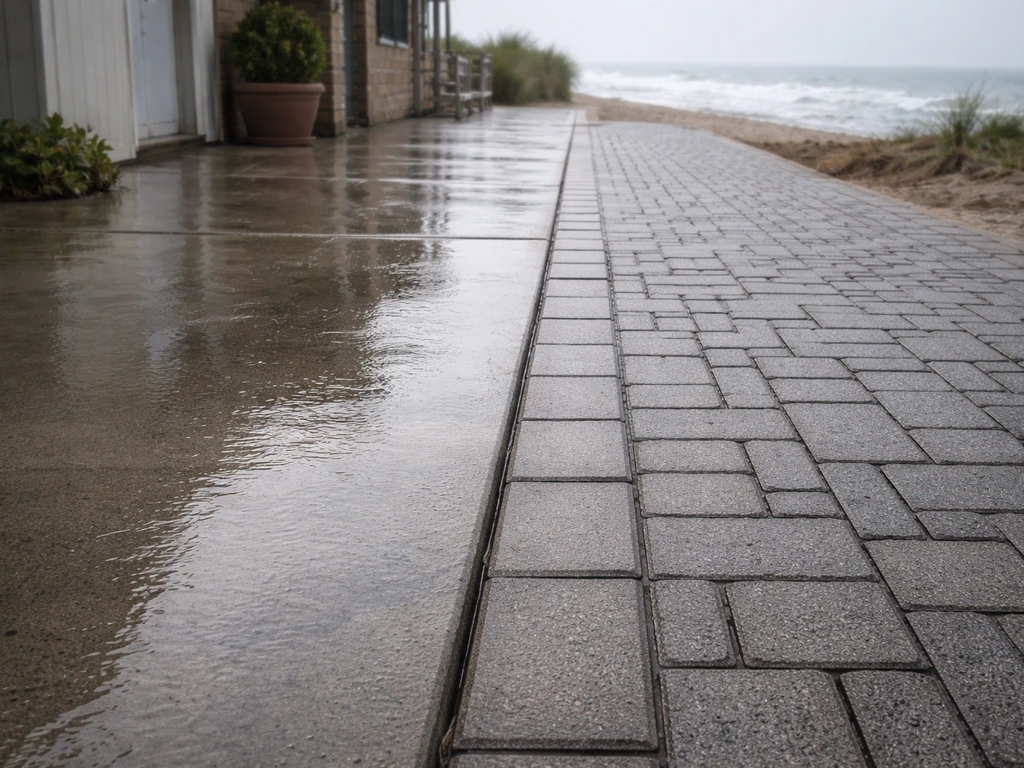 Wet walkway showing rain pooling on smooth concrete beside textured, slip-resistant pavers.