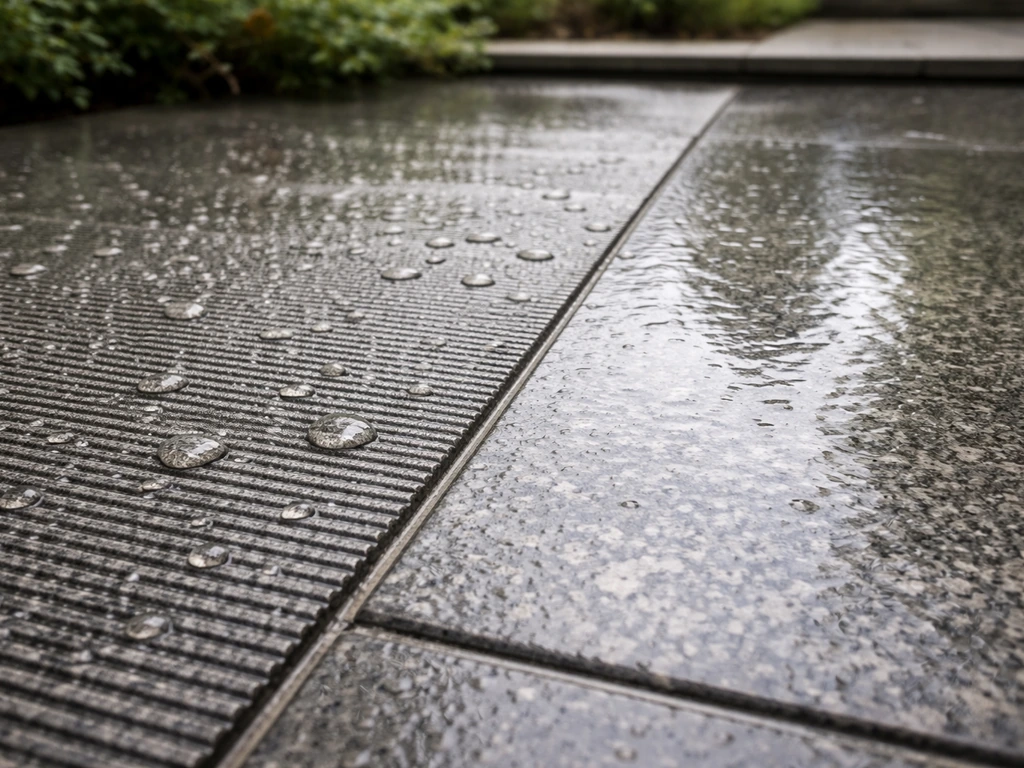 Close-up of wet textured outdoor paver showing traction and slip-resistant comfort