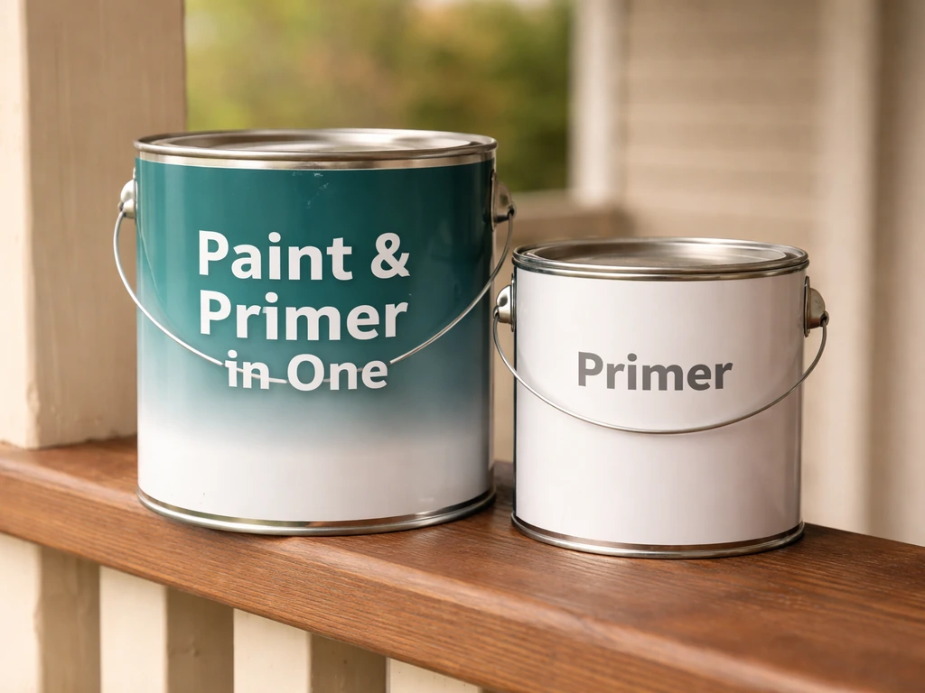 Close-up of two paint cans on a porch—one labeled paint & primer in one and a separate primer can