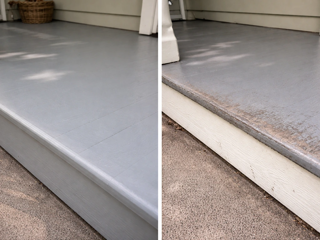 Split-view photos of a painted porch surface: one area intact after traffic, one step area scuffed.