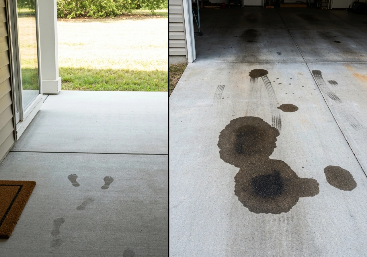 Split view of covered porch concrete slab for foot traffic and an adjacent driveway area not suited for the paint.