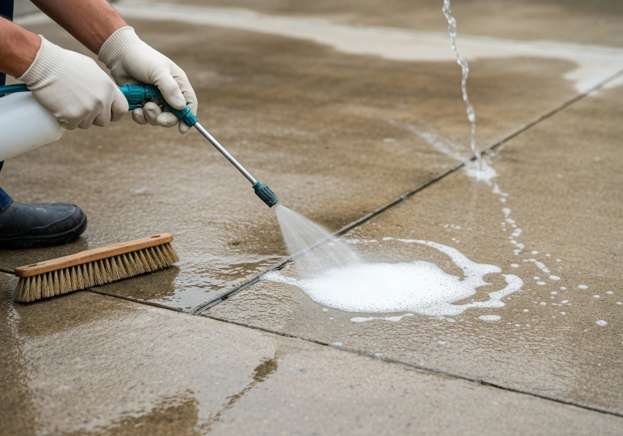 Gloved hands sprayer and brush cleaning dirty bare concrete, with foamy cleaner and rinse water runoff.