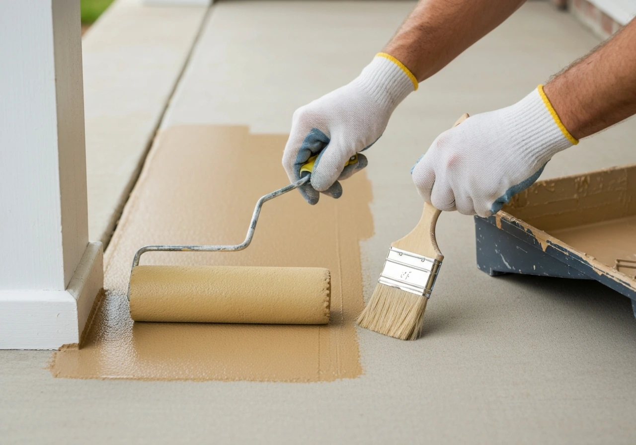 Painter roller applying porch floor coating, brush cut-in at edges, two-coat application in progress.