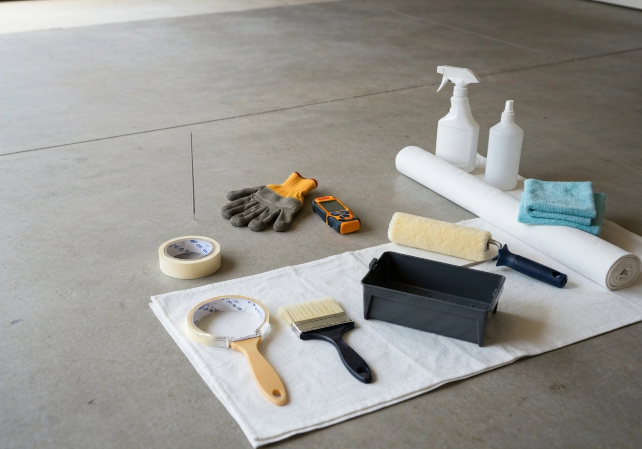 Concrete surface dryness check with tape, drop cloth, roller/brush, scraper, and cleaning supplies staged nearby.