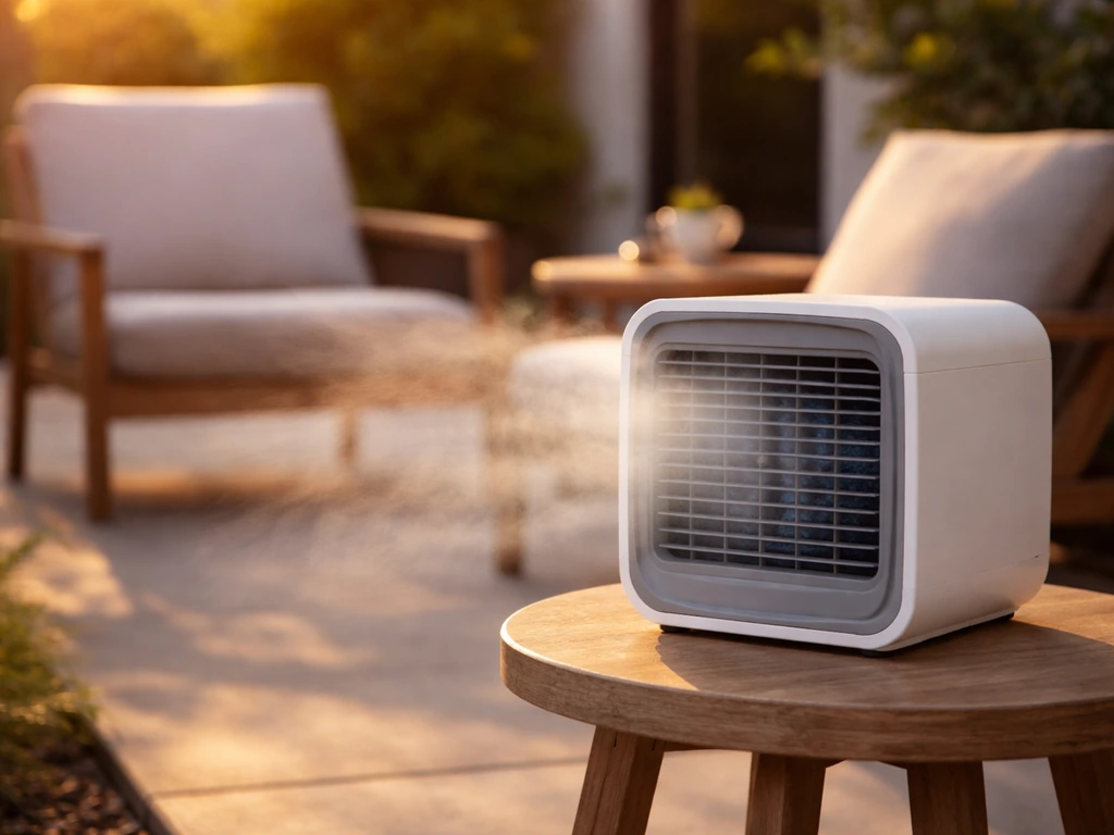 Compact patio air cooler blowing visibly cool air toward outdoor seating on a simple patio setup.