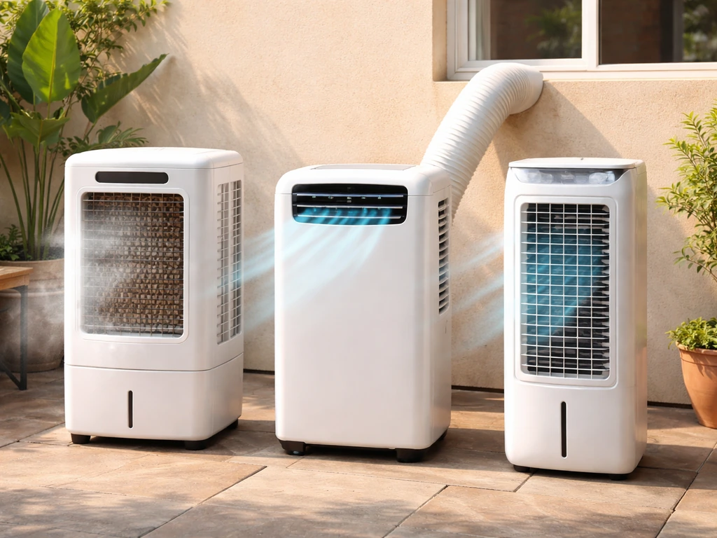 Patio scene showing three side-by-side cooling options: wet-pad evaporative, portable AC venting, and a chilled-air towe