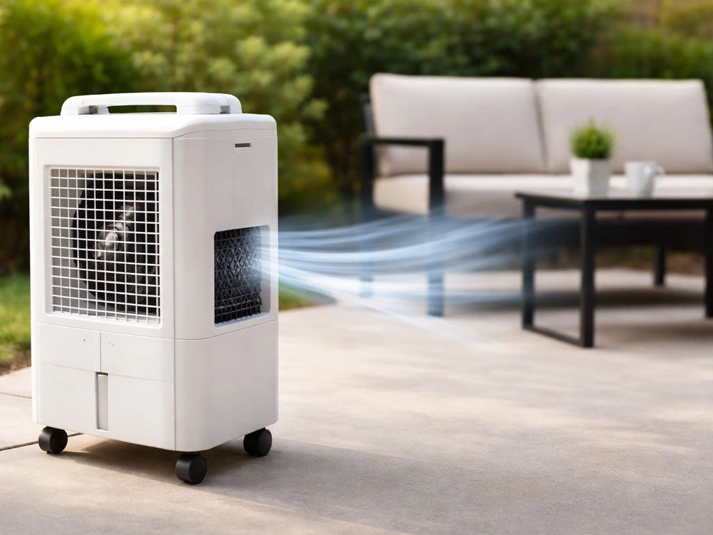 Outdoor patio cooler with open back vent airflow aimed across a seating area under daylight.
