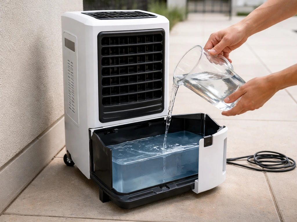Hands filling a portable patio air cooler water tank, unit positioned on a patio before plugging in.