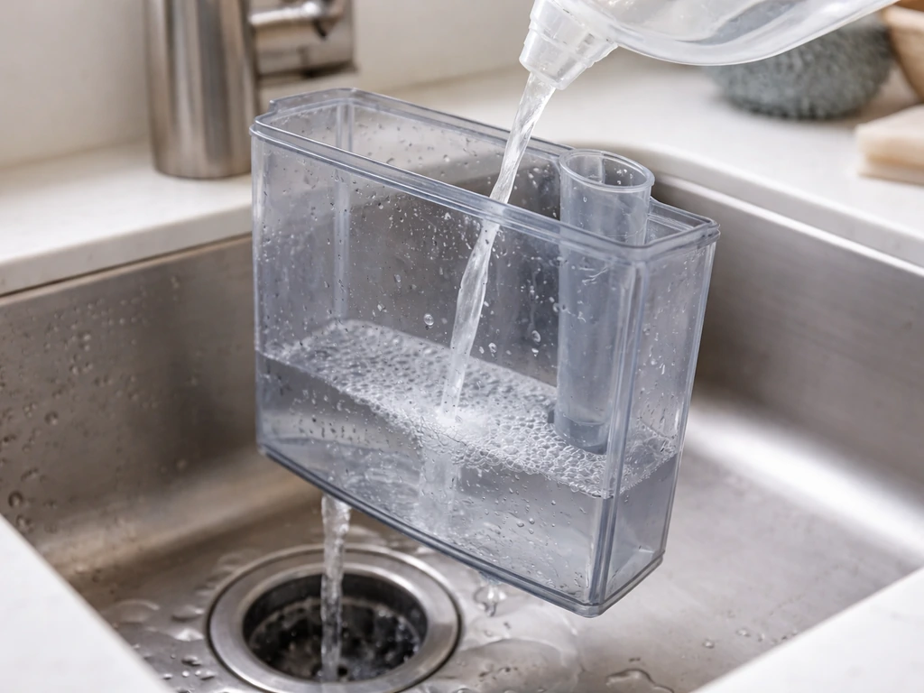 Water tank rinsing in a clean sink while cleaning solution is safely applied before reassembly.