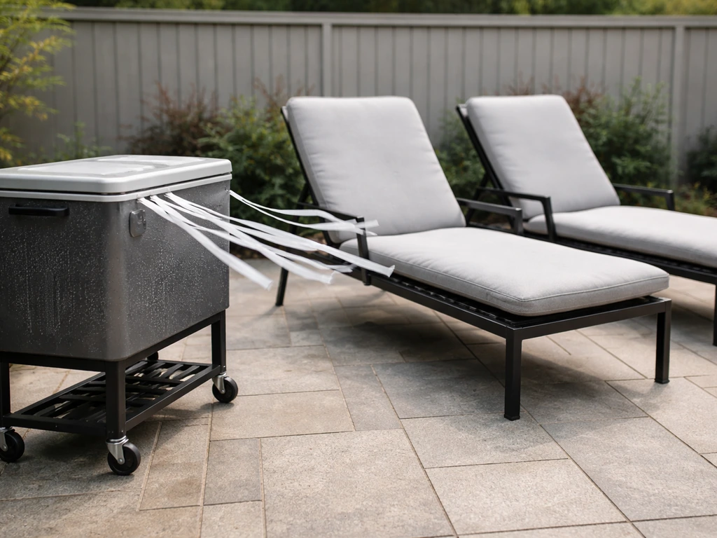 Outdoor patio cooler placed upwind, with streamers showing airflow toward seating.
