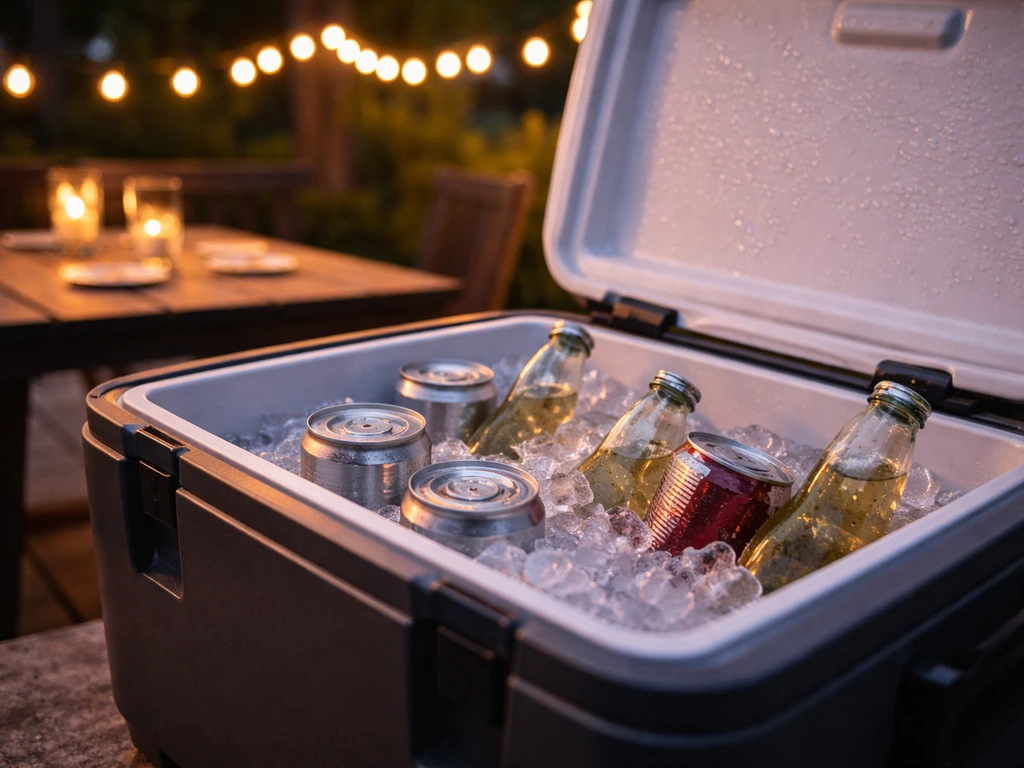 Patio cooler with ice-cold drinks in the foreground under warm evening light