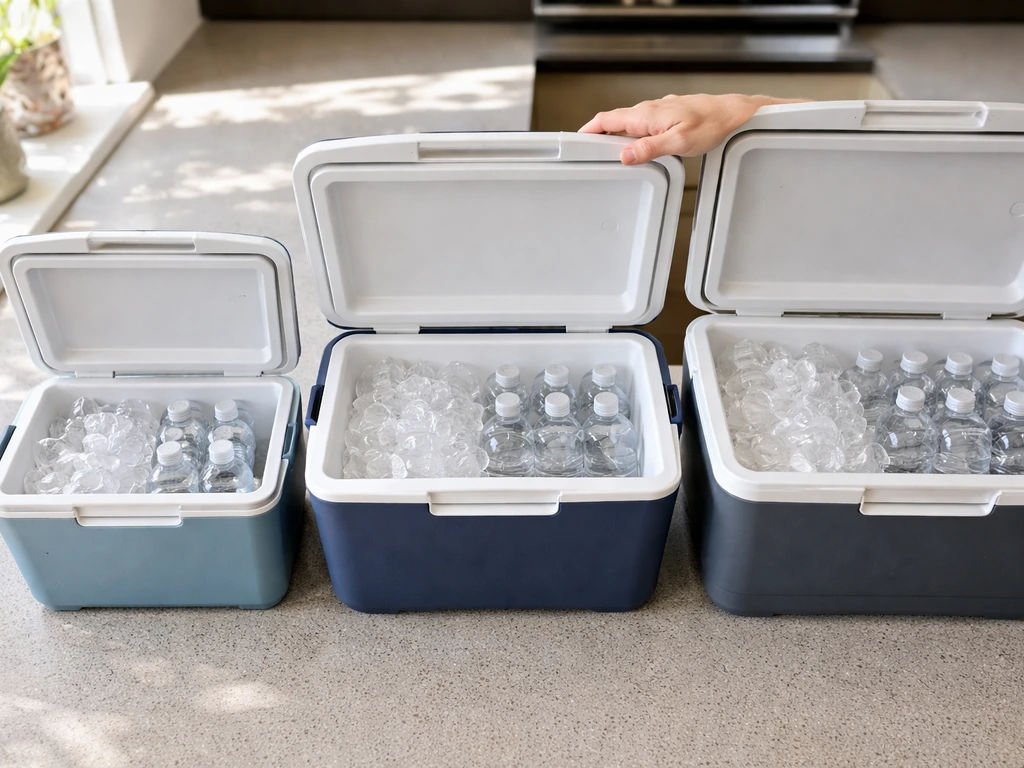 Three open hard coolers side-by-side with visible ice and can-like items showing capacity differences.