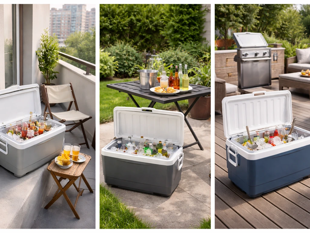 Three staged coolers on small balcony, backyard patio, and deck with simple seating and serving cues.