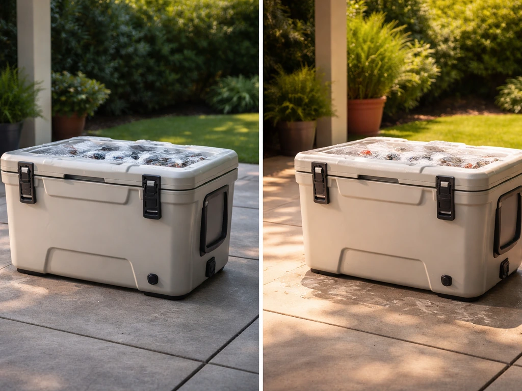 Cooler in patio shade vs same cooler in direct sun, showing more ice in shade and more melting in sun.