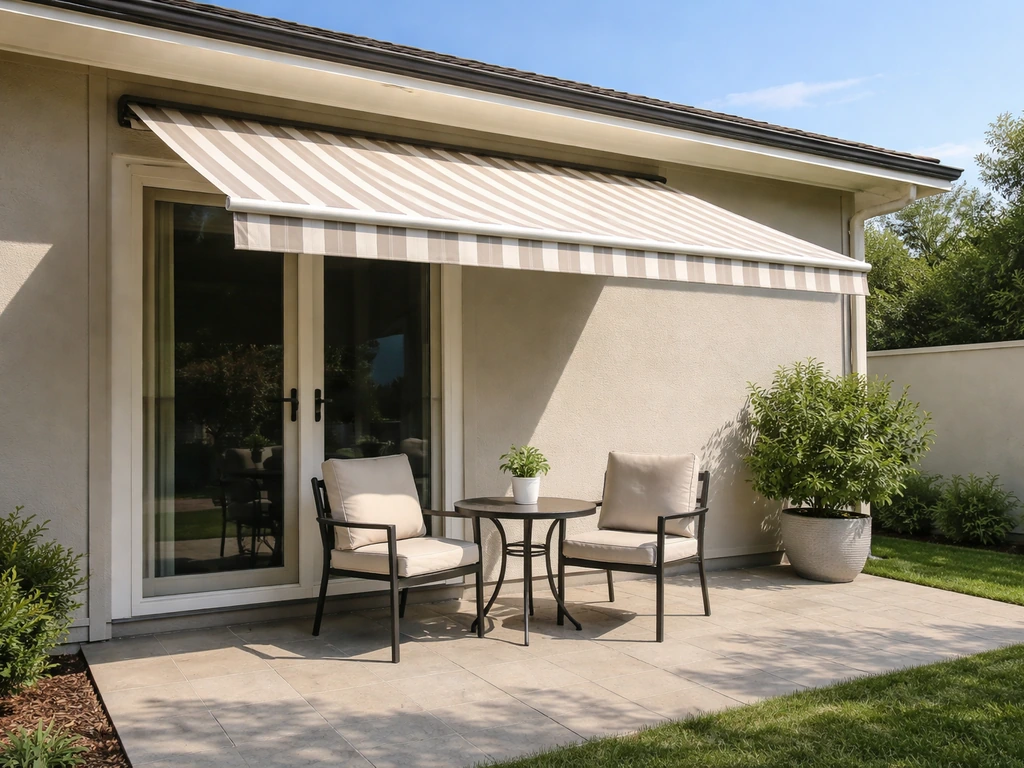 Sunlit patio with a partially extended retractable awning casting soft shade over outdoor seating.