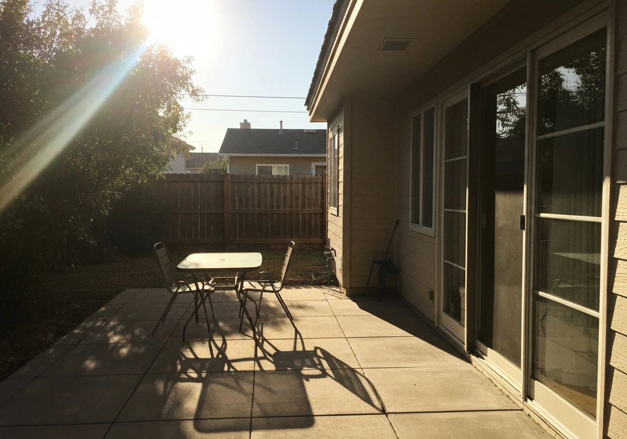 West-facing patio with late-afternoon sunlight glare on one side and shade on the other.