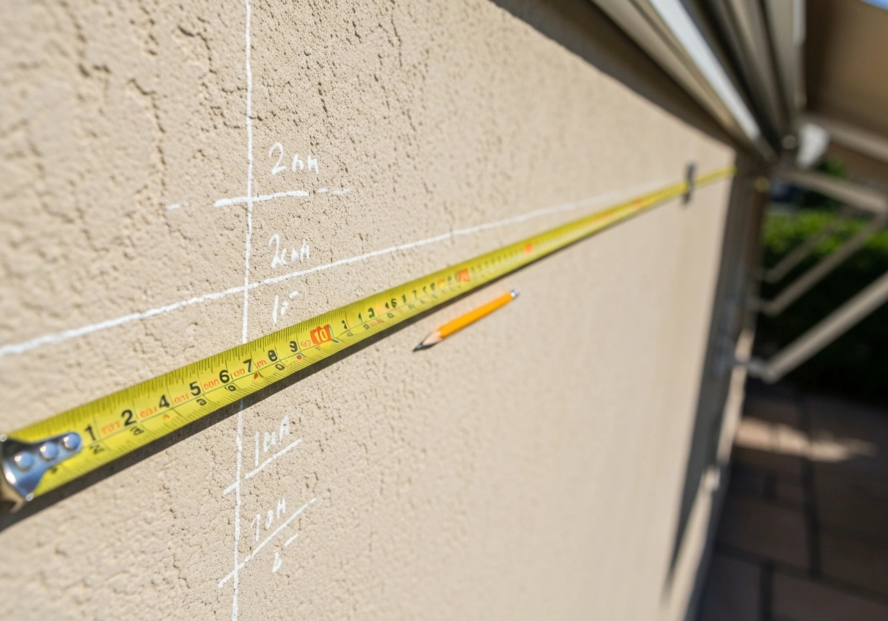 Tape measure and pencil marks laid along an awning mounting width on an exterior wall