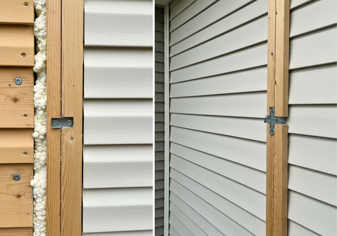 Close-up comparison of vinyl siding with missing blocking versus properly backed mounting area.