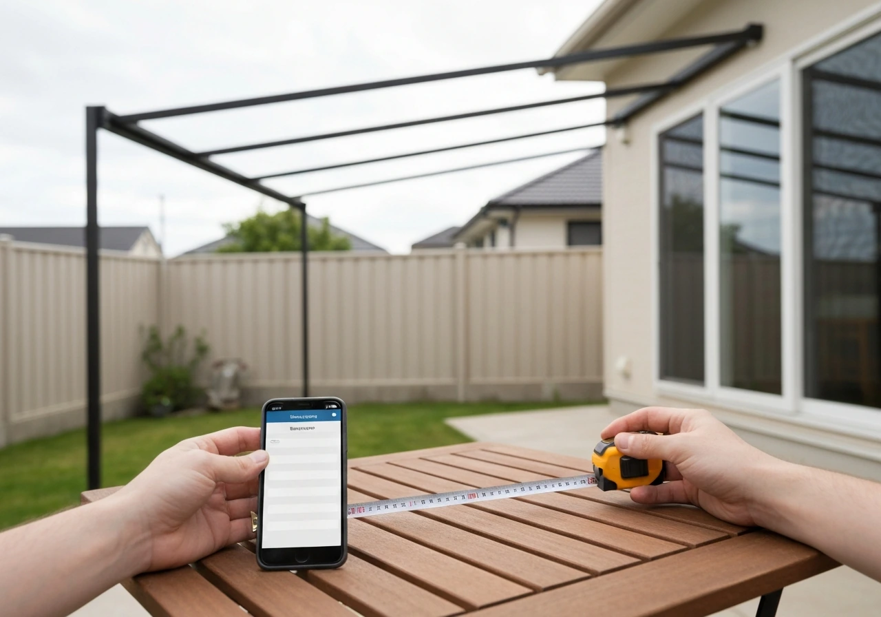 Clean home patio scene with an open smartphone showing a blank budgeting screen and a contractor measuring tape