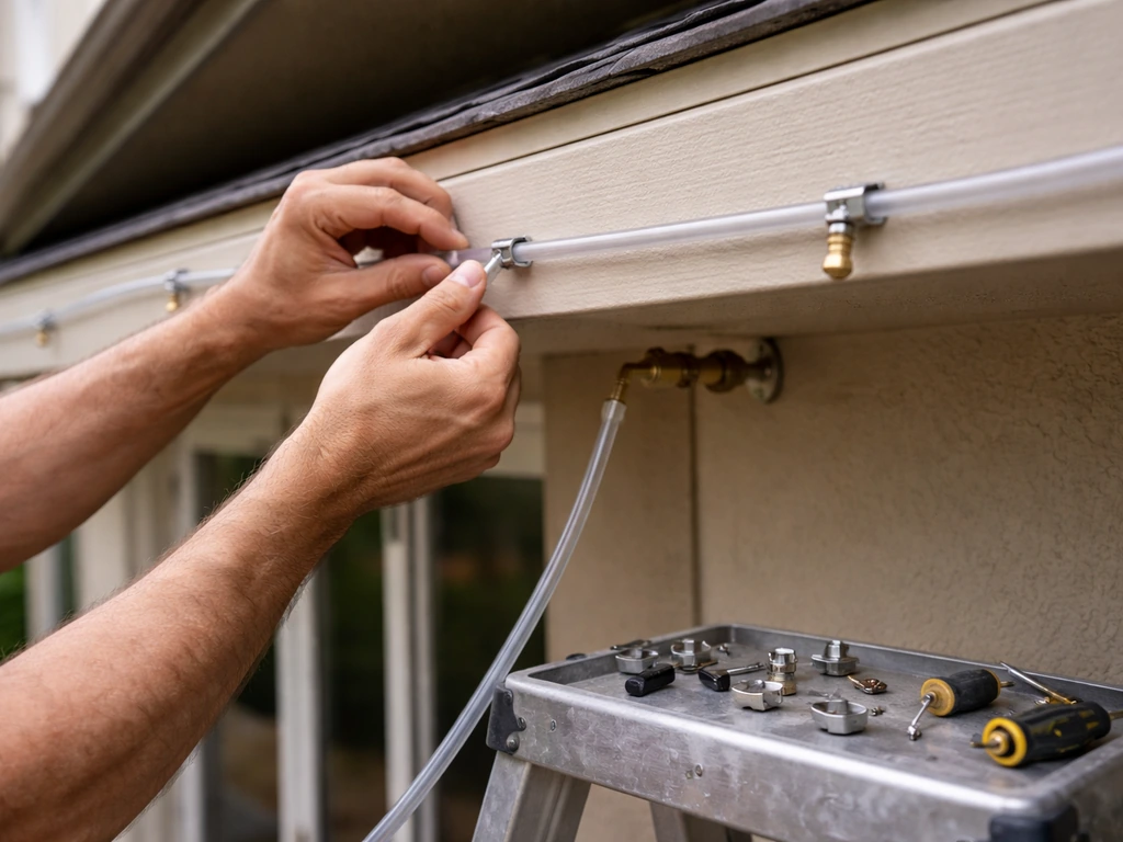 Hands mounting misting tubing and nozzles under a patio roofline with clamps and fittings visible.