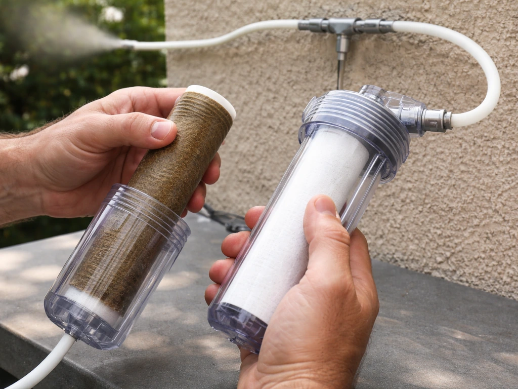 Hands swapping a clear inline misting water filter cartridge to show maintenance and clog prevention.