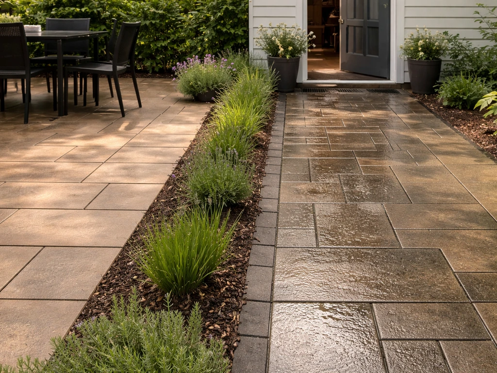 Minimal outdoor patio with two zones: wet walkway near door and dry dining area with different tile textures.