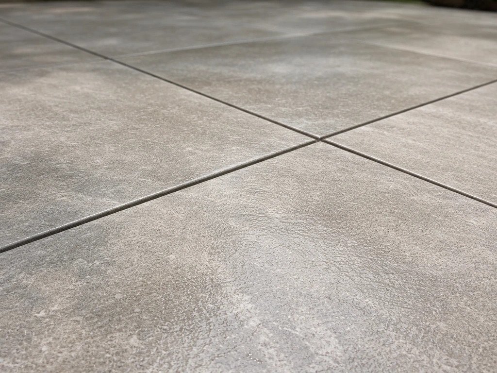 Close-up of textured outdoor porcelain pavers with consistent spacing and a subtle grout line.