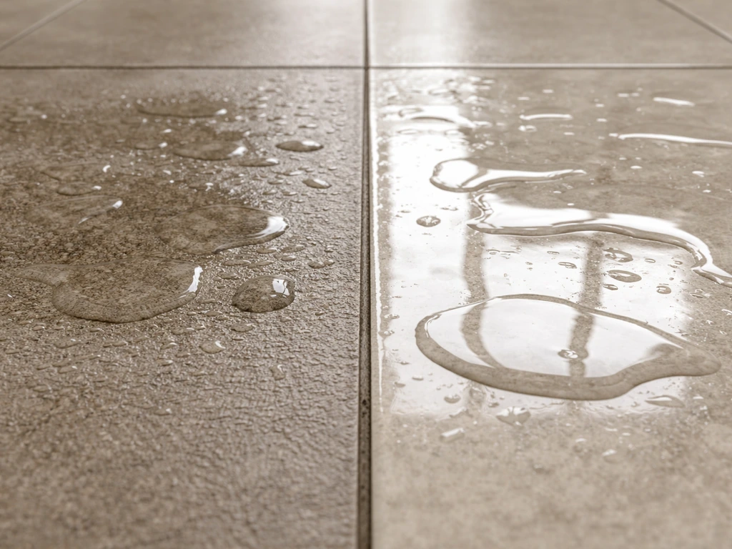 Close-up of textured tile with shallow water film next to smoother tile showing better wet grip.