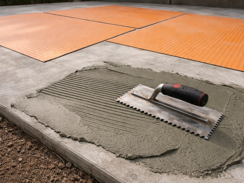 Patio floor substrate with an uncoupling waterproofing membrane laid out and thinset trowel work visible