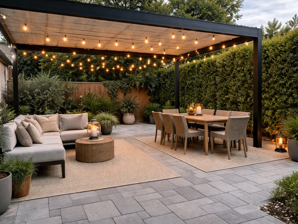Wide view of a finished outdoor patio showing lounge, dining, warm lighting, and a shaded cover.