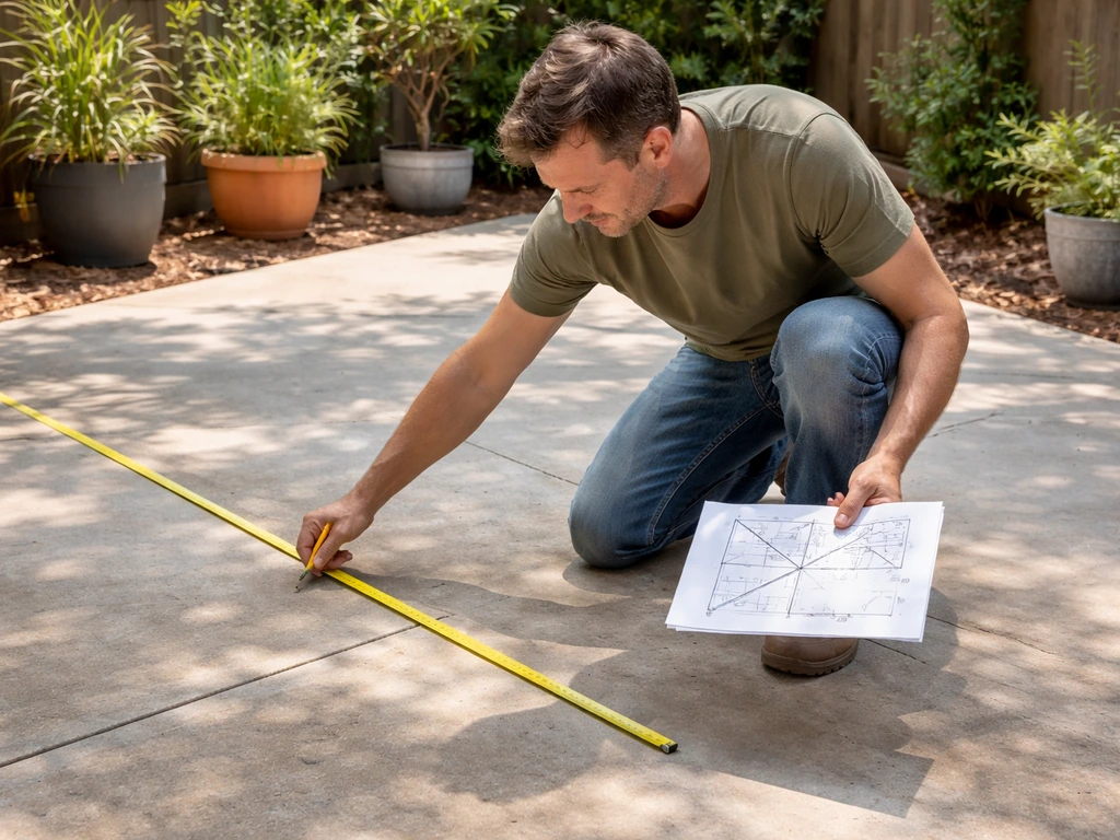 Homeowner measures and sketches patio zones with a tape measure on a backyard patio.