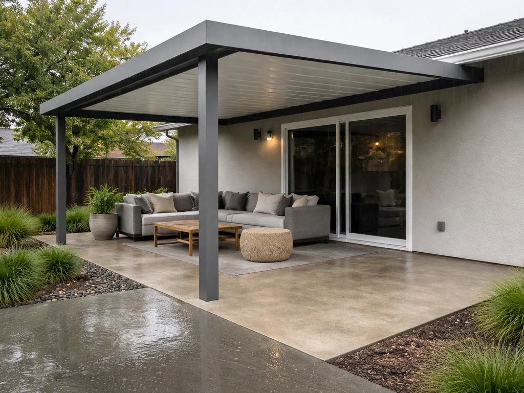 Installed solid patio overhead cover with shaded area while nearby pavement appears wet from rain.