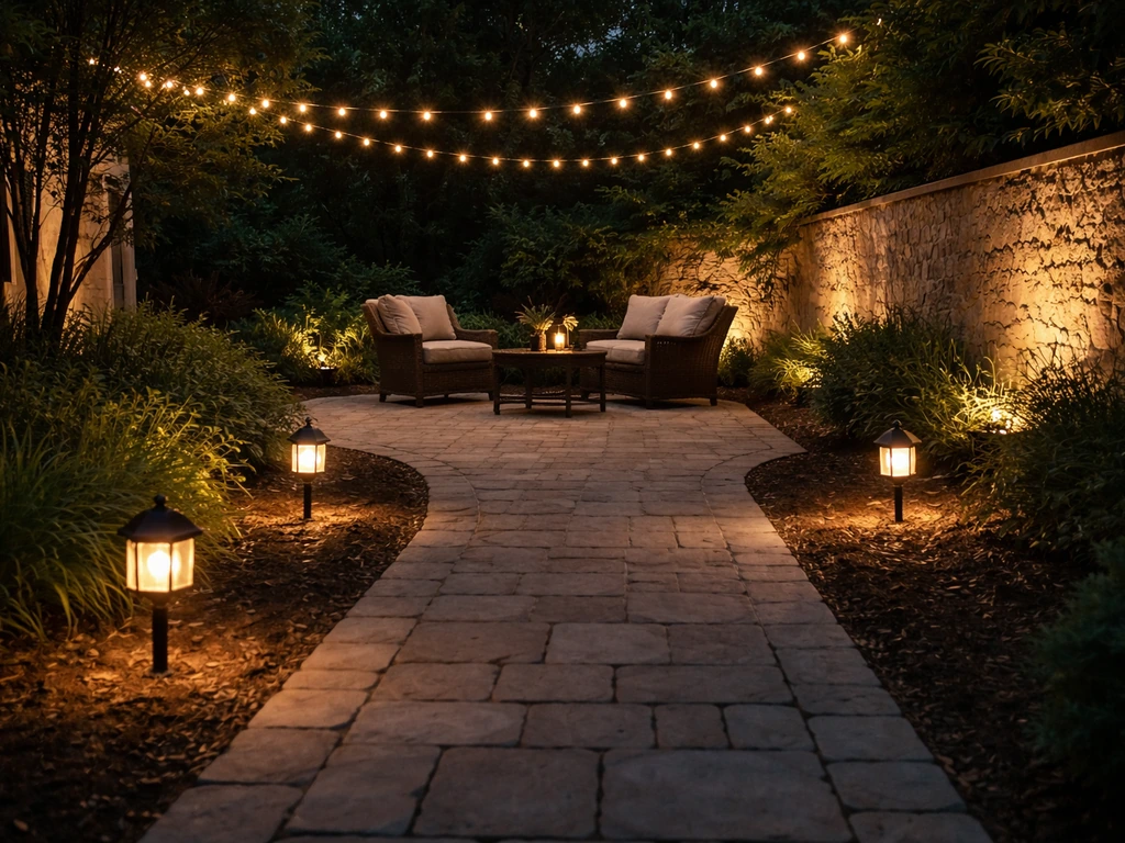 Evening patio with warm string lights overhead, task lanterns near seating, and soft uplighting on a walkway.