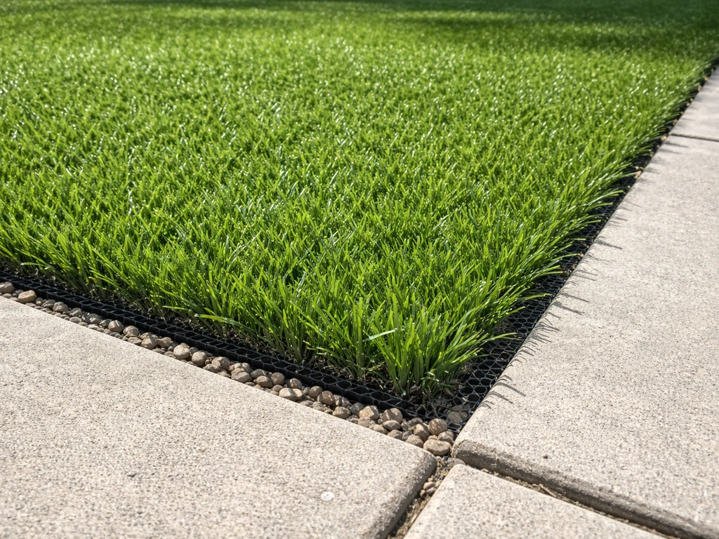Newly installed artificial grass on a patio with a clean edge transition to concrete and drainage gravel.