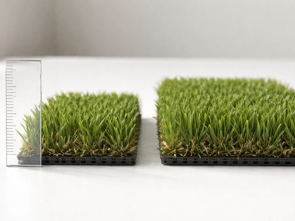 Closeup comparison of two turf samples showing shorter pile height and denser vs sparse blades.