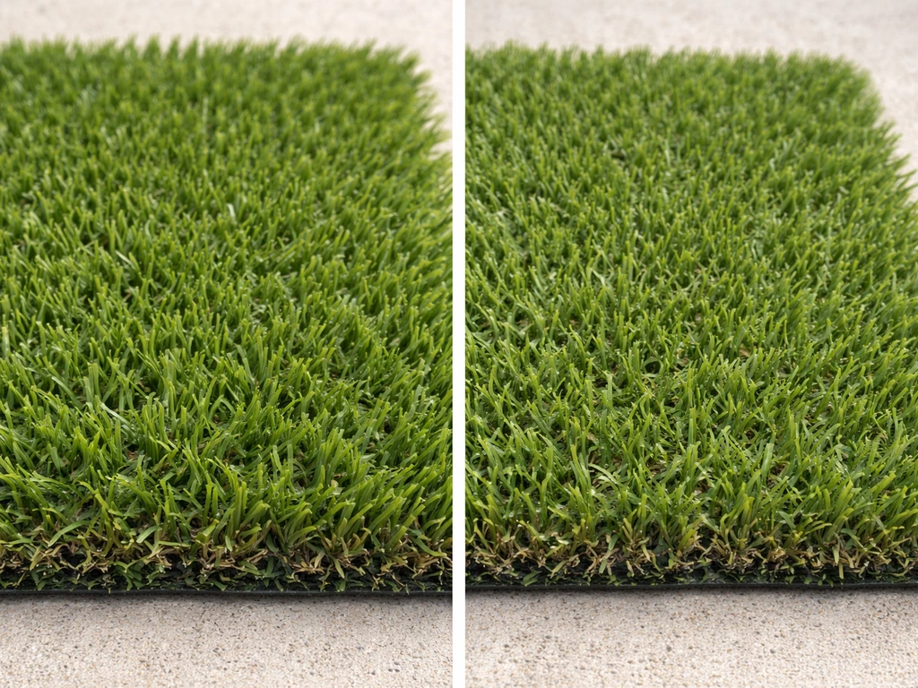 Close-up of two turf samples side by side, showing thicker denser pile versus thinner less dense grass.
