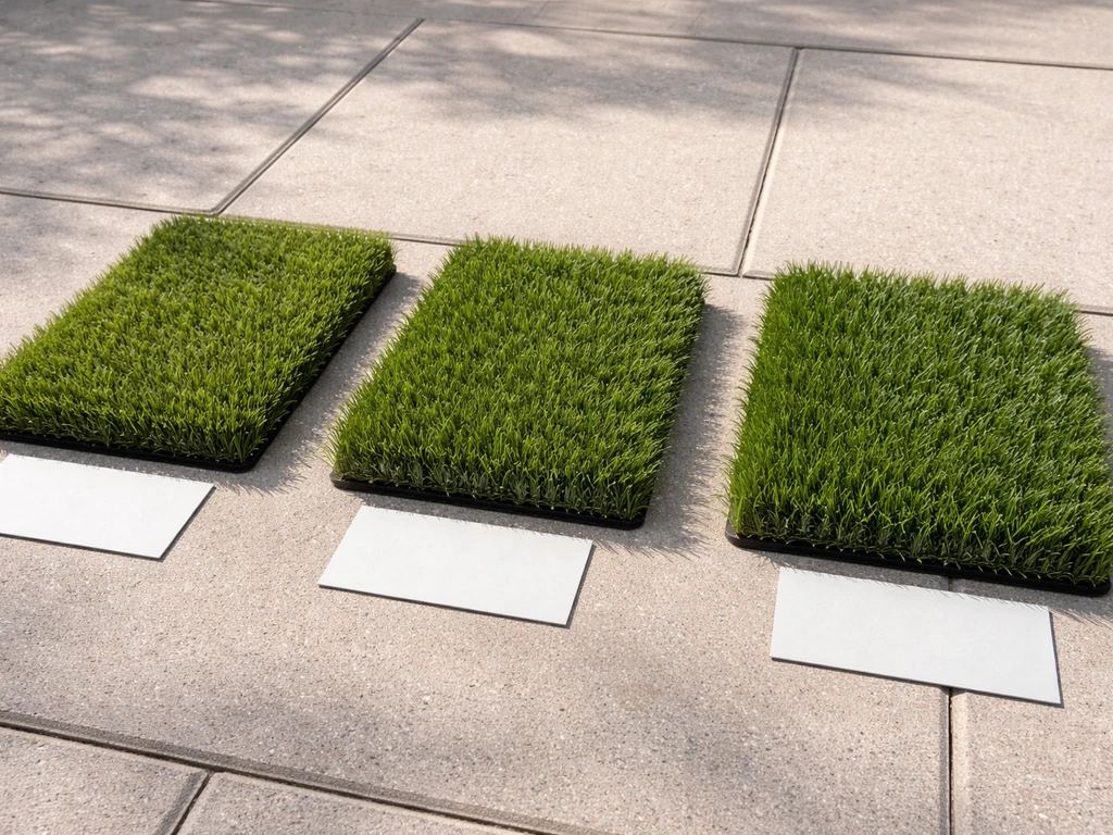Three artificial grass samples with different pile heights on a patio, side-by-side in natural light.