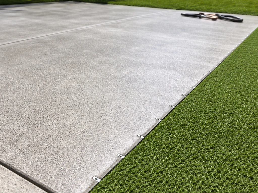 Clean concrete patio edge where turf is trimmed and stapled down after surface prep.