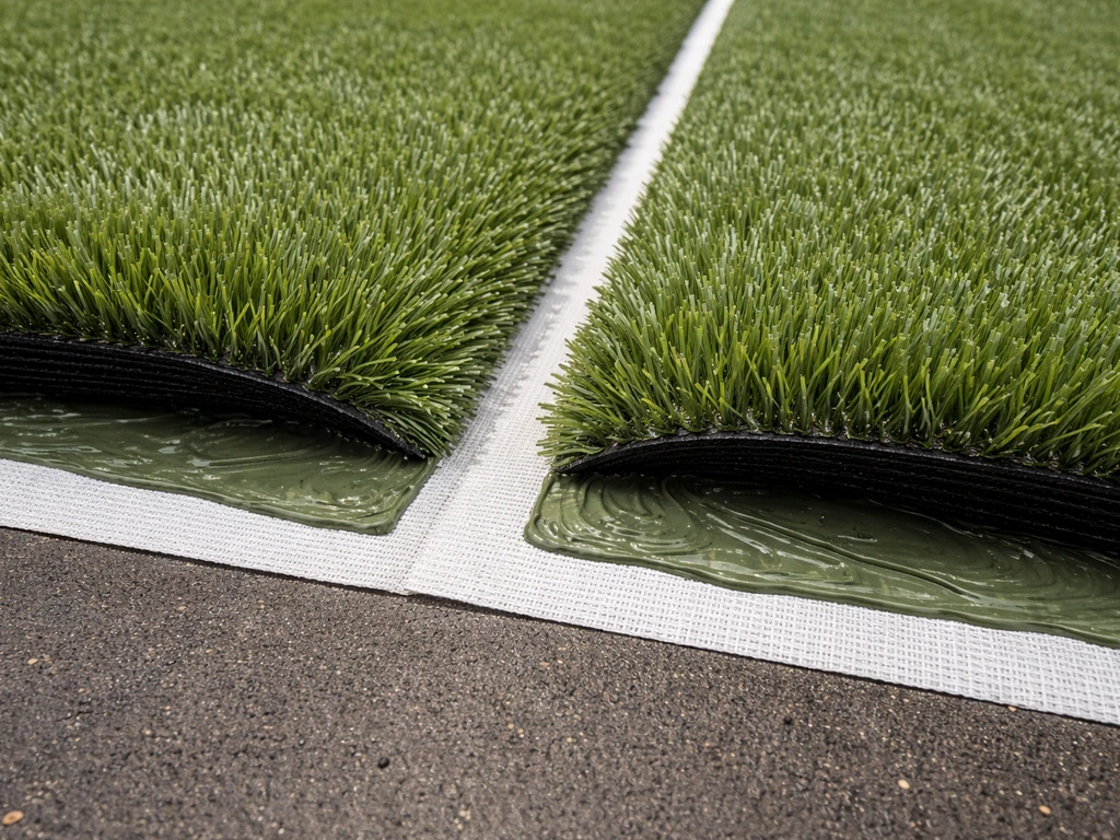 Close-up of outdoor turf seam work with seam tape and aligned blades in correct pile direction.