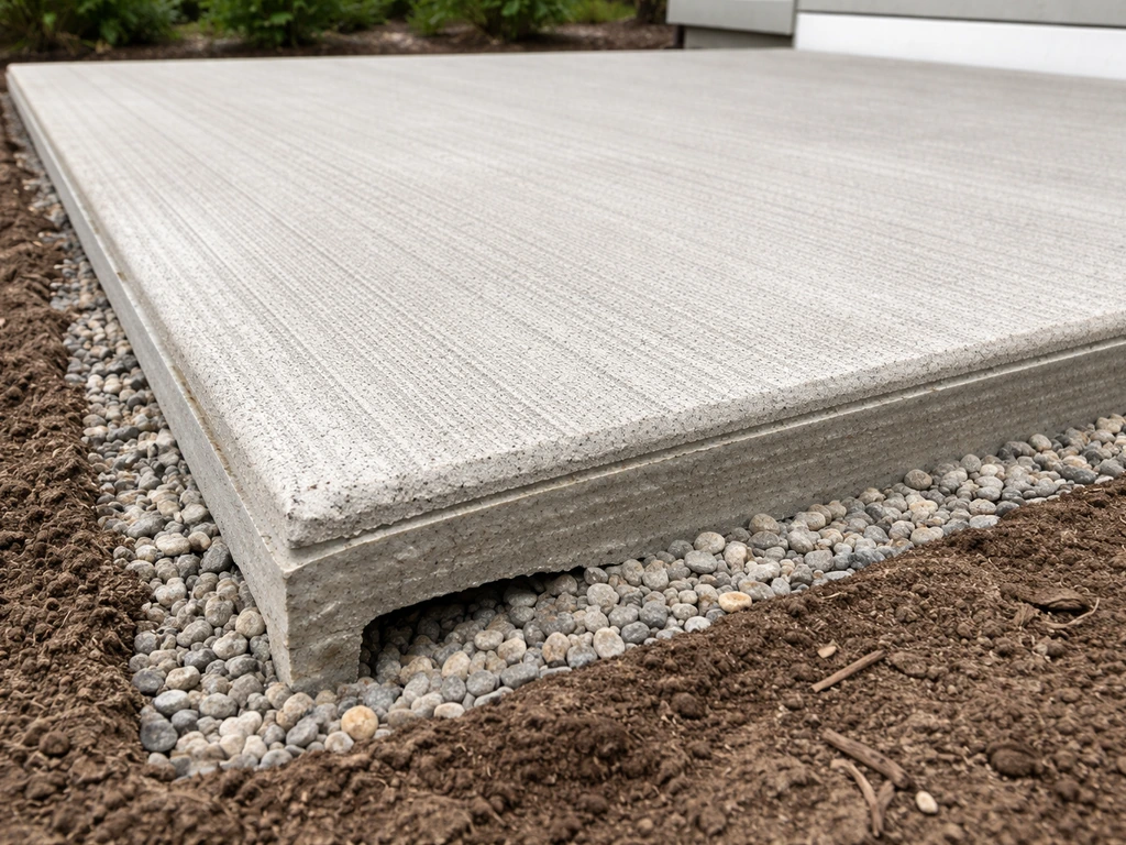 Close view of broom-finished concrete patio slab edge with perimeter drainage gravel bed