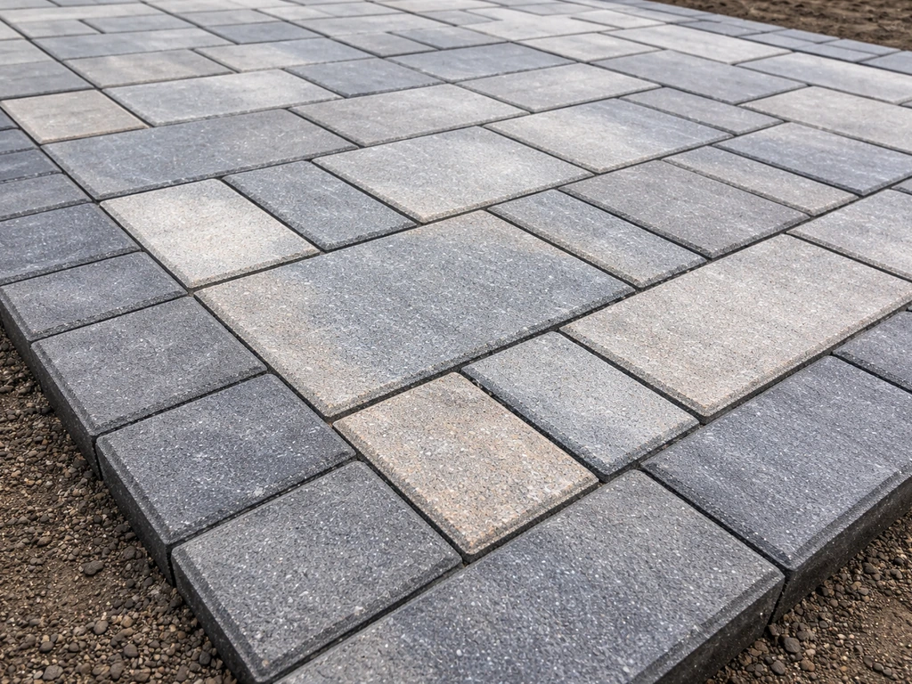 Close-up of interlocking concrete pavers with neat aligned pattern, tight joints, and restrained edges.
