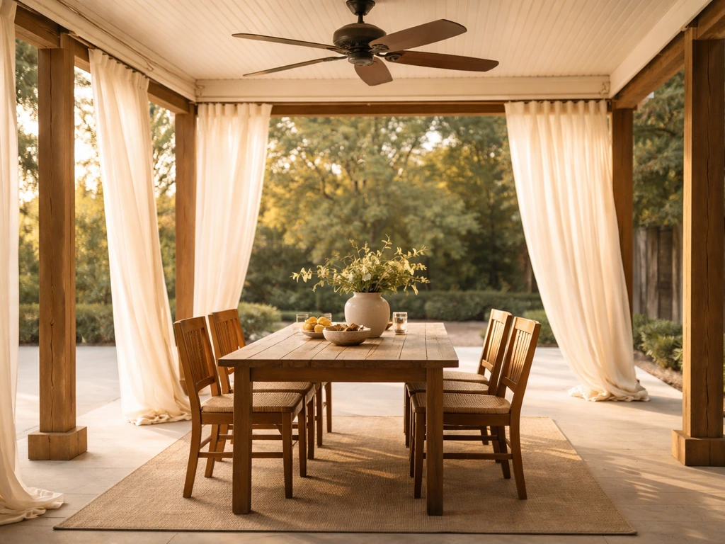 Covered patio dining area with overhead ceiling fan and shade under a roof structure.