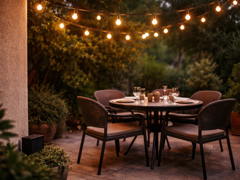 Warm white patio string lights over a small outdoor dining table with a discreet speaker nearby.