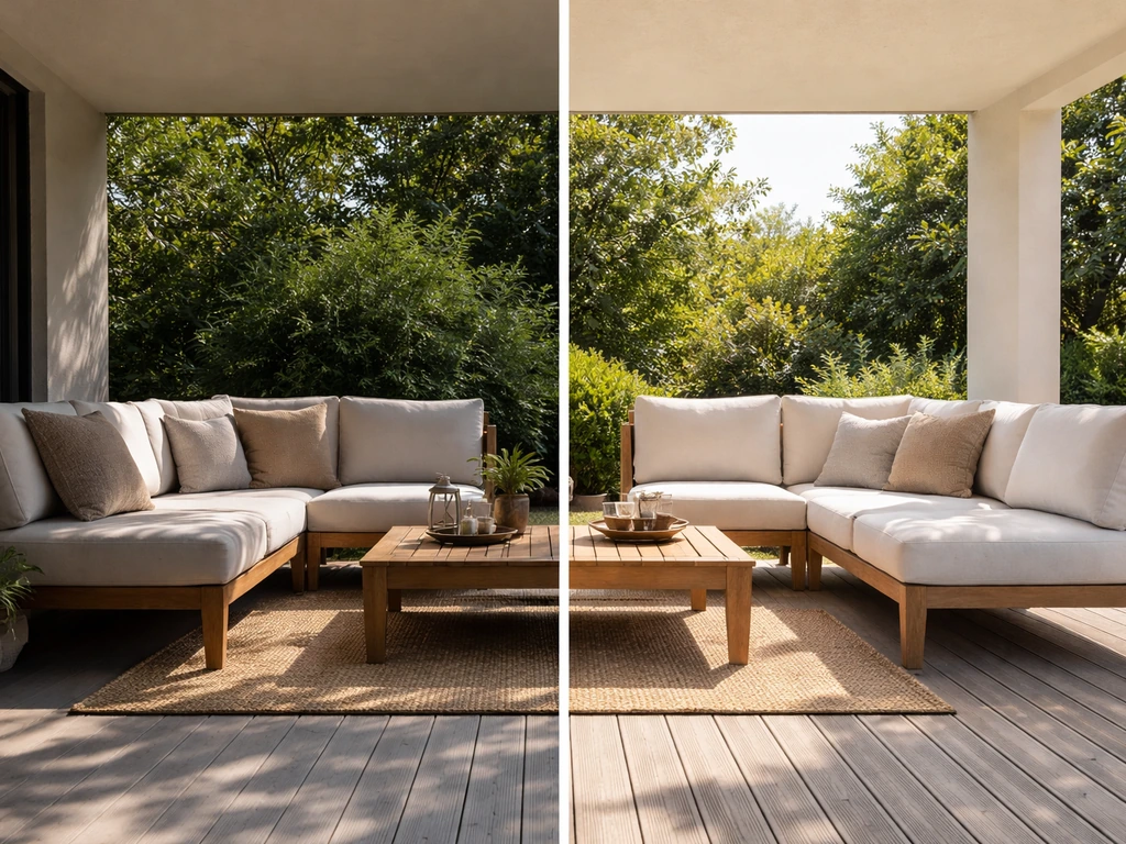 Split view of two patios: one shaded and covered, one fully sun-exposed with UV wear