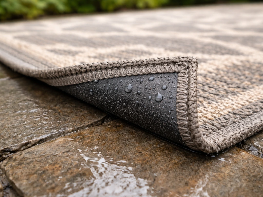Close-up of a patio carpet edge with marine backing and visible side seam on a wet outdoor surface