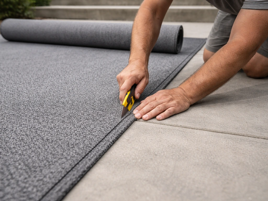 Hands cut and fit roll-out outdoor carpet on a clean concrete patio, aligning edges near the slab border.
